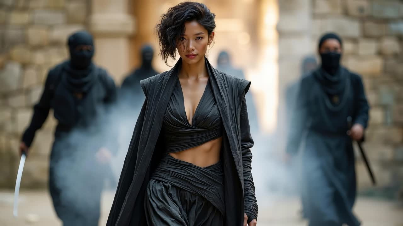 A woman in a black dress walking down a street with a sword