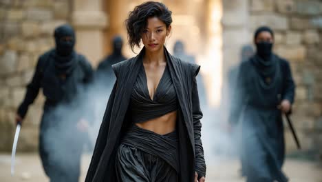 a woman in a black dress walking down a street with a sword