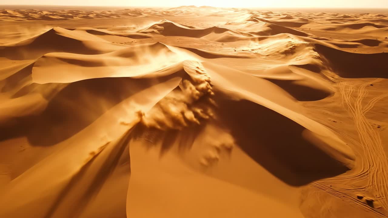 Aerial view of a vast desert landscape with sand dunes