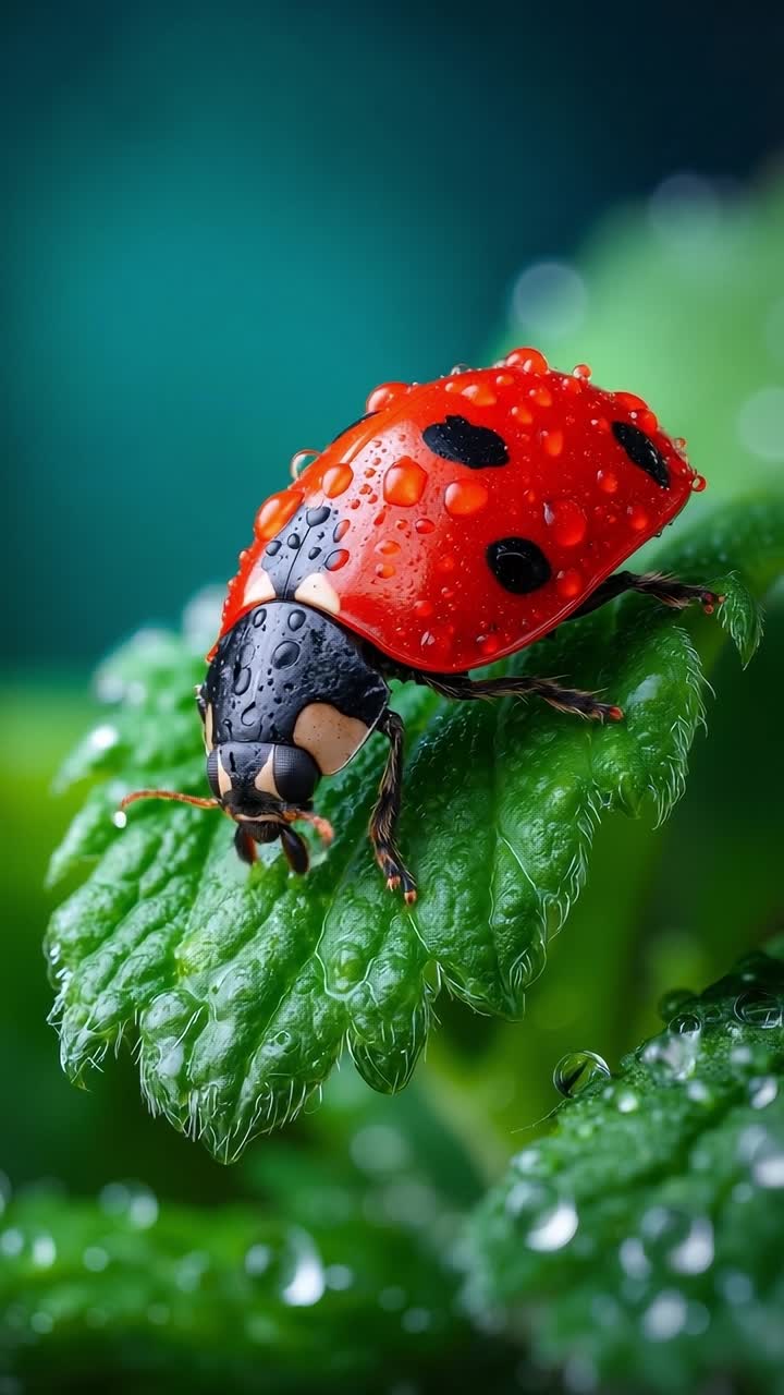 A red and black ladybug sitting on a green leaf with water droplets