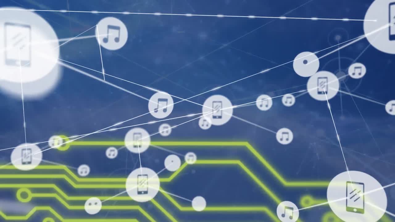 파란 하늘의 메인보드 위에 미디어 아이콘의 네트워크의 애니메이션