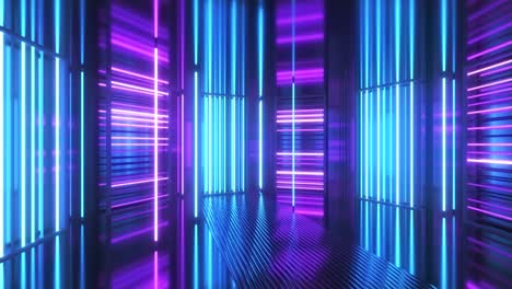 luces de neón brillantes en una habitación de metal. luz fluorescente moderna. espectro de neón azul violeta. animación en bucle 3d sin costuras