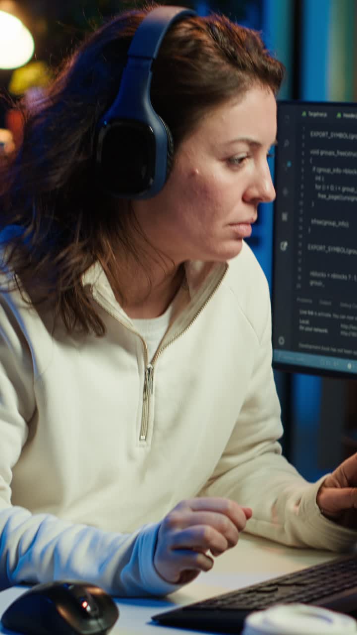 Vídeo vertical Mujer escuchando música mientras realiza control de calidad de software
