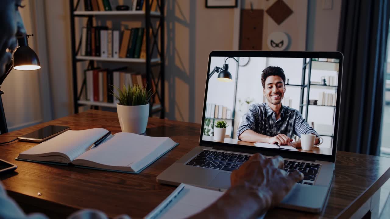 Over-the-shoulder angle of a person video chatting on a laptop in a cozy home office, featuring warm