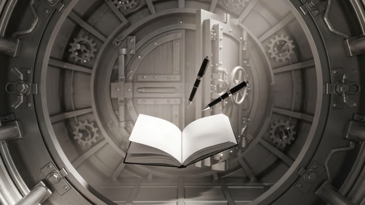 A Suspenseful Scene Unfolds in a Secure Vault: An Open Book Surrounded by Floating Pens Inside a Large, Mechanically Imposing Vault Door