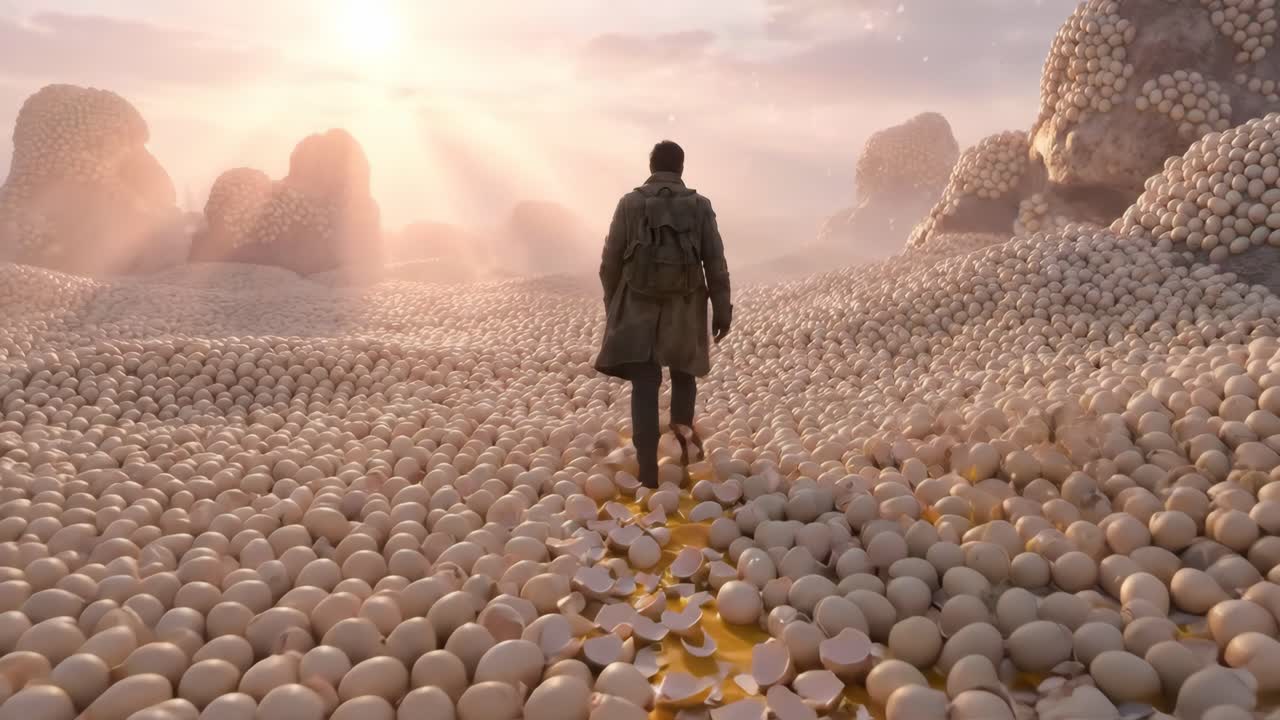 Mysterious Figure Walking on a Fragile Egg-Covered Landscape