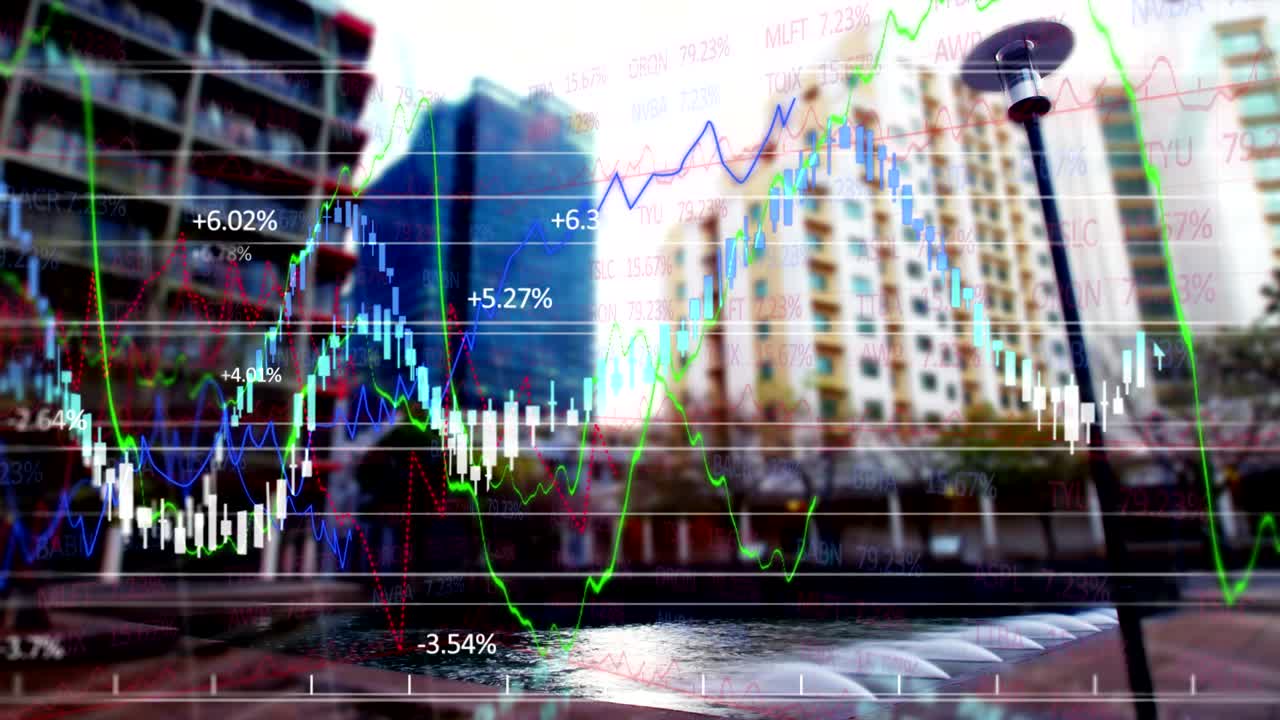 Financial curves over city\'s buildings.