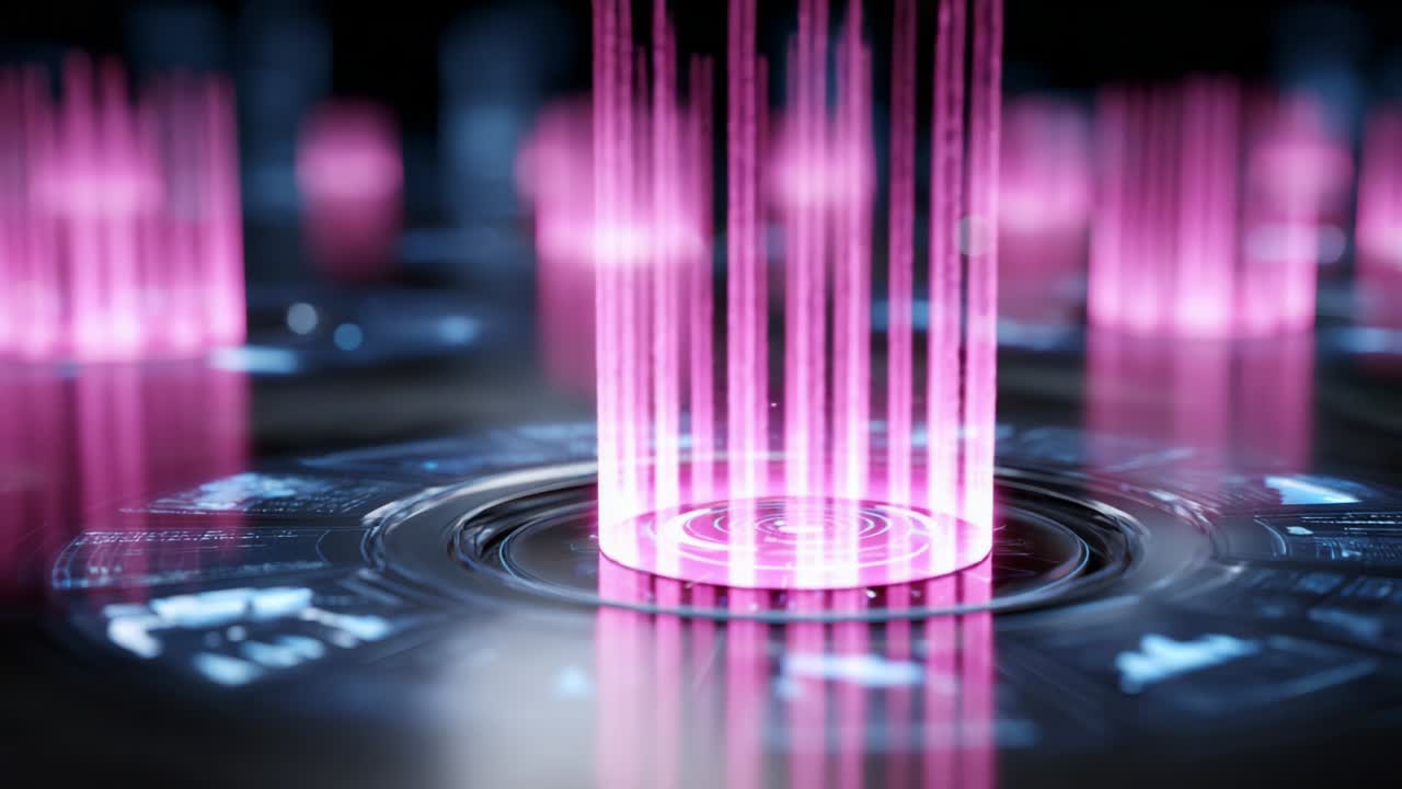 A Futuristic Visual of Pulsating Energy and Light in a High-Tech Setting, Featuring Vibrant Pink Beams Emanating from a Centered Source Surrounded by a Glimmering Interface, Highlighting Advanced Technology Concepts
