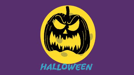 Animation-of-halloween-text-in-blue-with-pumpkin-head-over-full-moon,-on-purple