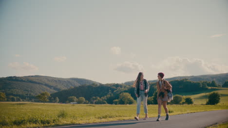 friends walking on footpath near meadow