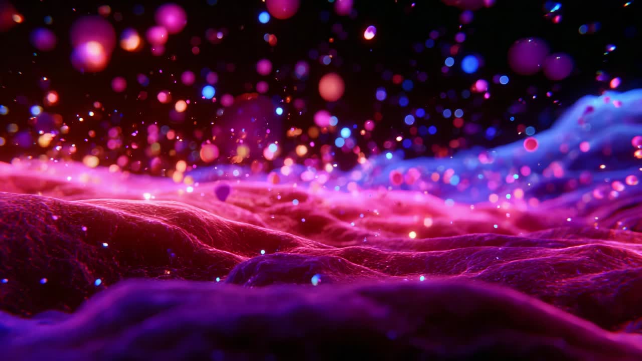 A mesmerizing landscape of vibrant colors and dynamic textures, showcasing the beautiful interplay of light and particles that create an enchanting visual experience of flowing energy and captivating abstract forms