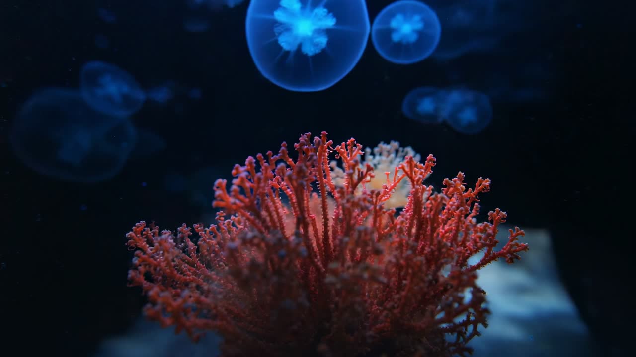 Jellyfish drifting over red branching coral in aquarium, casting blue glow and revealing texture