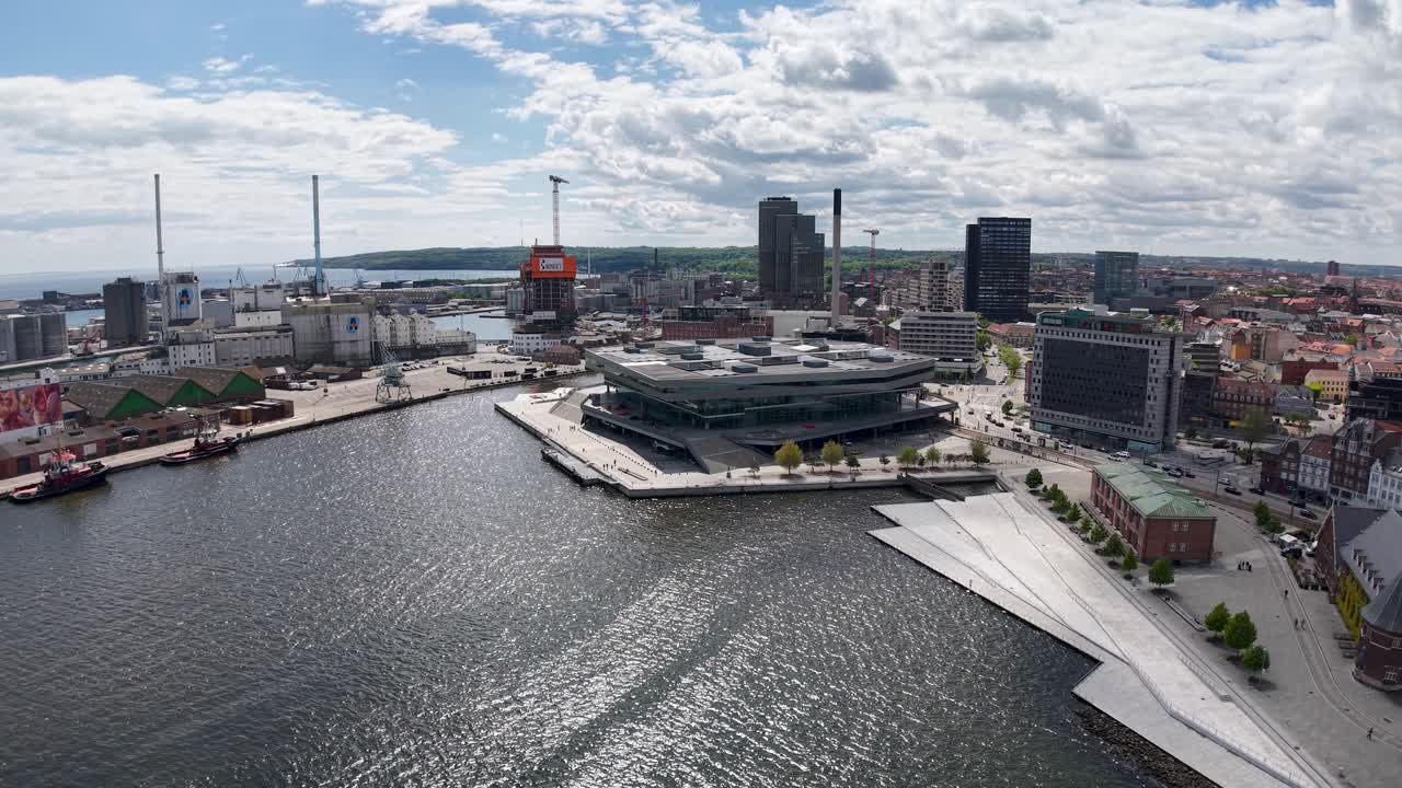 Aerial drone footage of Aarhus waterfront showcasing the harbor, modern architecture, and city skyline under a partly cloudy sky