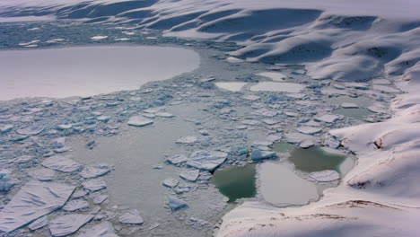 aerial view of a frozen arctic landscape with ice floes and snowy mountains