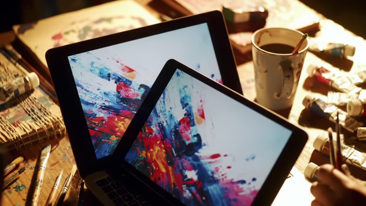 Vibrant Creative Workspace: Two Digital Displays Showcasing Abstract Art Amidst Colorful Art Supplies and a Coffee Mug in a Sunlit Studio Atmosphere