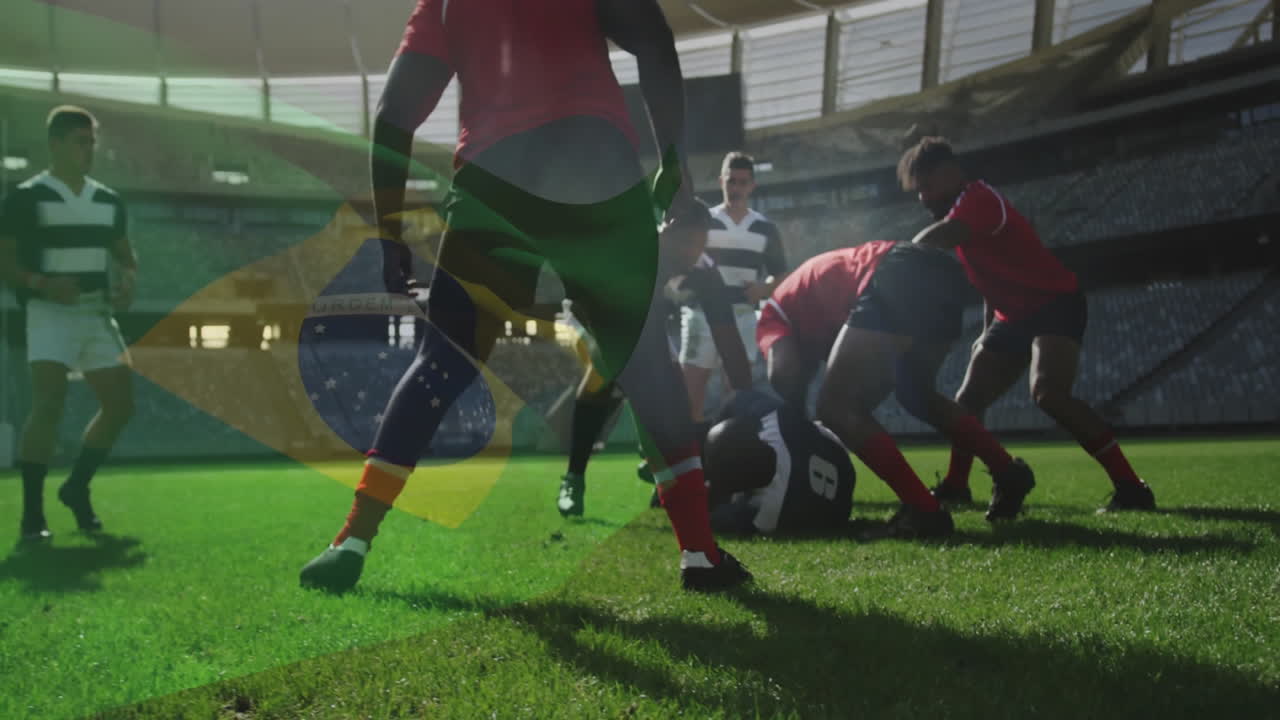 Competing in stadium, rugby players with Brazil flag animation in background