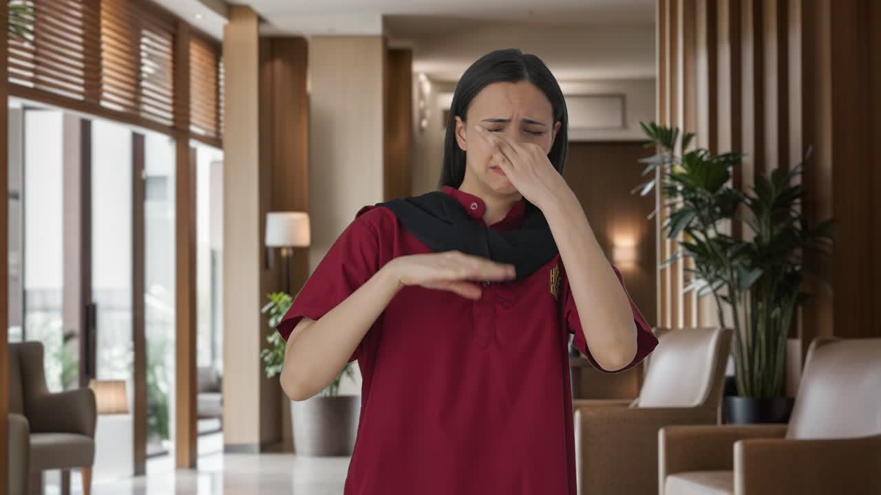 Upset Indian female housekeeper disgusted by bad smell