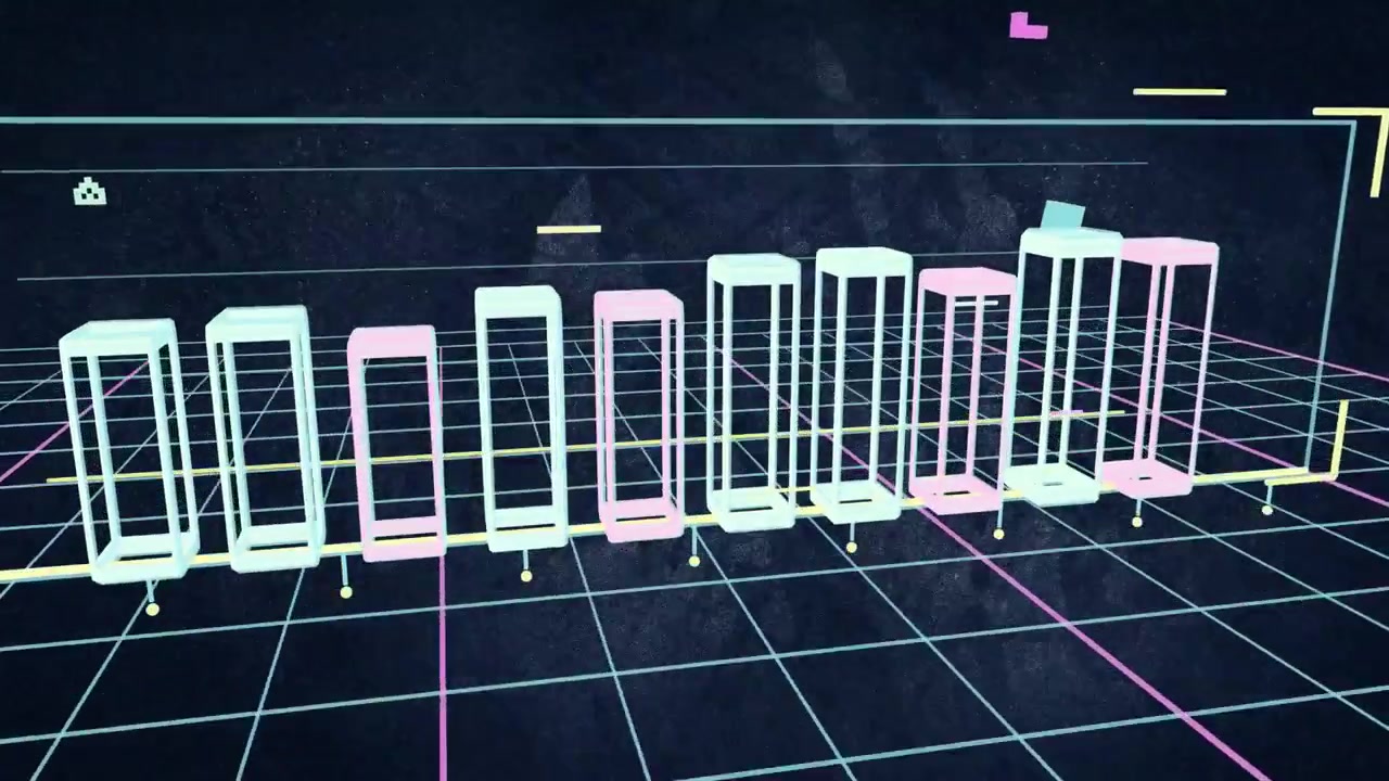 Colonne che emergono dalla linea di base sinistra e salgono verso destra, con la telecamera che ruota e tessere che atterrano evidenziando una tendenza