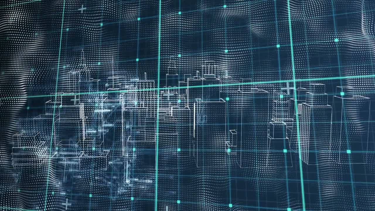 Animation of metaverse city in navy digital space