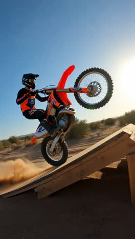 dirt bike rider performs an epic jump and wheelie over a ramp