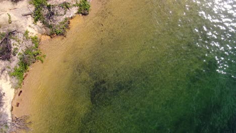 Aerial-top-view-footage-showcasing-the-serene-and-reflective-shoreline-of-a-translucent-green-lake-at-Whiskeytown-Reservoir,-California