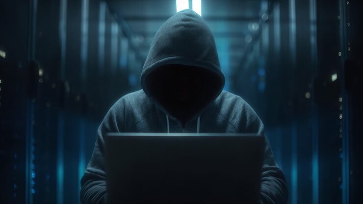 Figura misteriosa con felpa con cappuccio intensamente concentrata su un laptop in una sala server scarsamente illuminata, che incarna temi di segretezza, tecnologia e il mondo invisibile delle minacce alla sicurezza informatica
