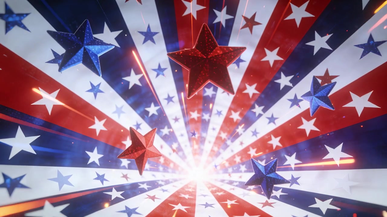 Brightening central flare and rotating 3D stars drifting outward at patriotic backdrop as flourish
