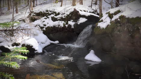 La-Nieve-De-Principios-De-Primavera-Se-Derrite,-Alimentando-Un-Refrescante-Arroyo-De-Montaña.