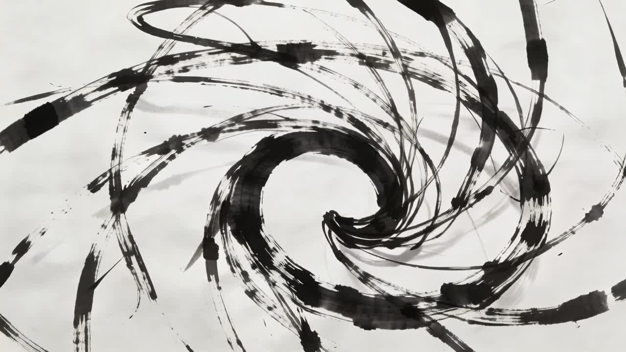 Creazione di una spirale d'inchiostro nero su carta bianca dopo il contatto del pennello, con pennellate sovrapposte e schizzi.