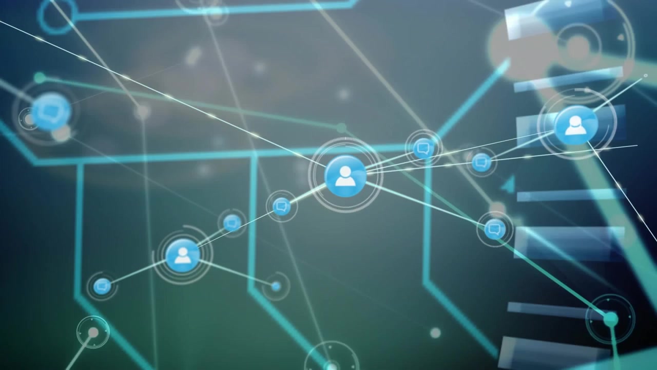 Connessione di rete digitale con icone di social media e nodi di dati.