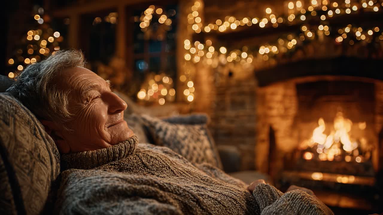 A Serene Evening by the Fireplace: A Grateful Elderly Man Enjoys the Warmth of the Fire and the Cozy Ambiance of Holiday Decor in a Charming Home Environment