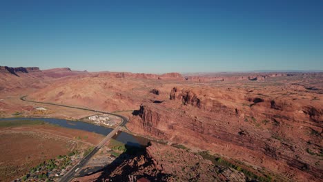 aerial drone shot looking at arches national park in moab, utah