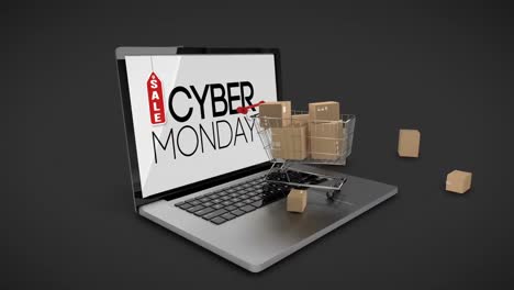 Cyber-Monday-logo-on-laptop-with-shopping-trolley