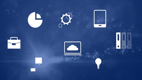 Animation of digital icons and data processing over blue background