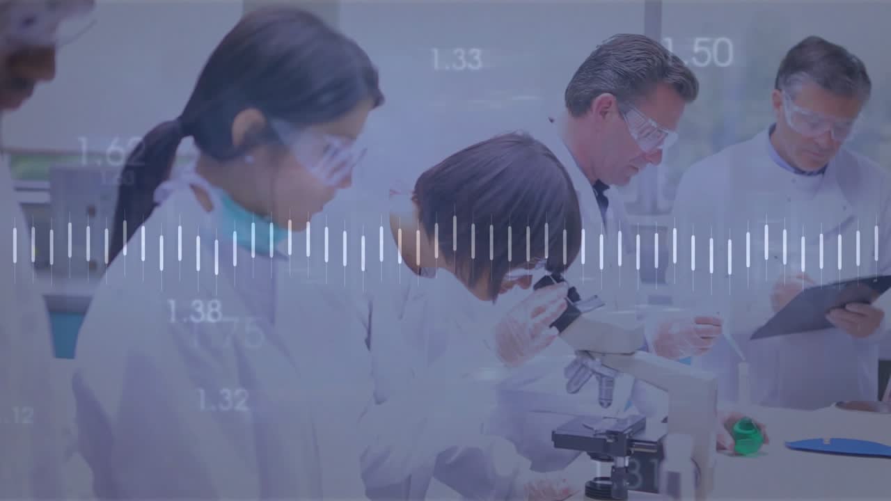 Lab team watching tech raising flask, initiating waveform overlay showing data, pipetting, peering