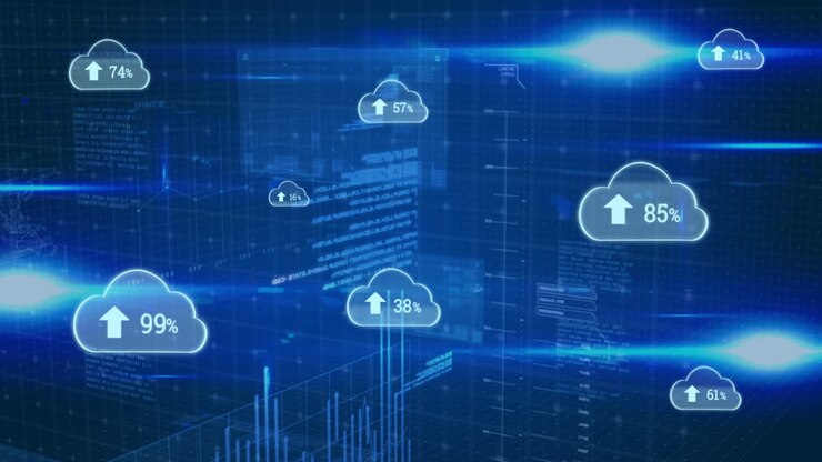 Animation of cloud icons and data processing over dark background