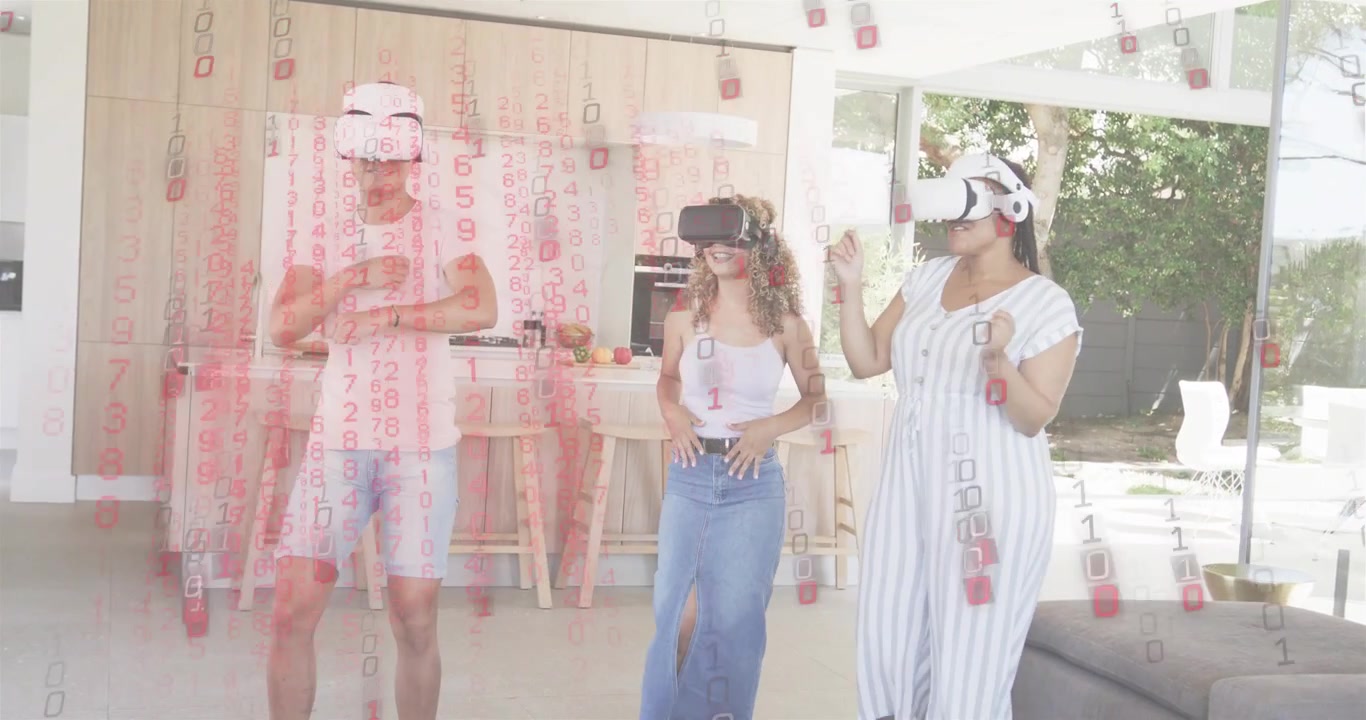 Tre amici che indossano visori VR in cucina, che iniziano una danza di gioco rispondendo a una cascata di codice rosso