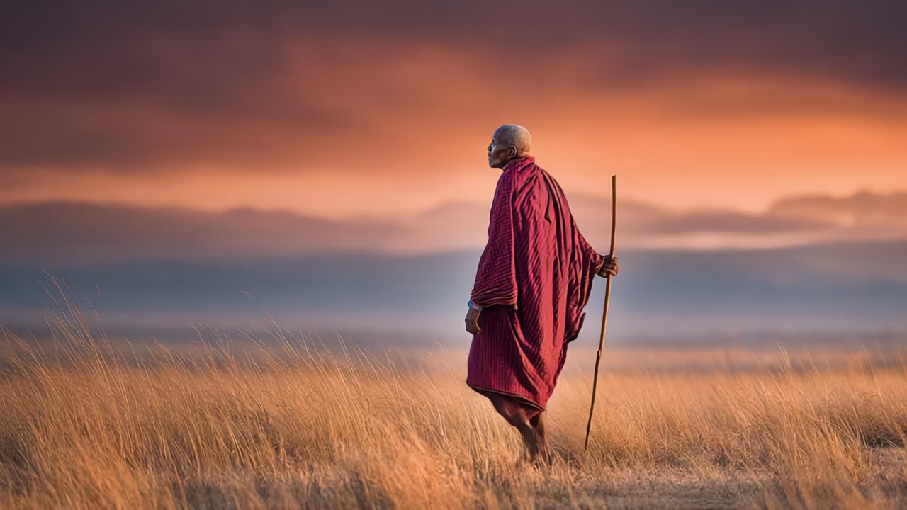 An Elderly Figure in Traditional Garb Walks Across Grassy Plains at Sunset, Embracing the Tranquility of Nature and Reflecting on Life's Journey