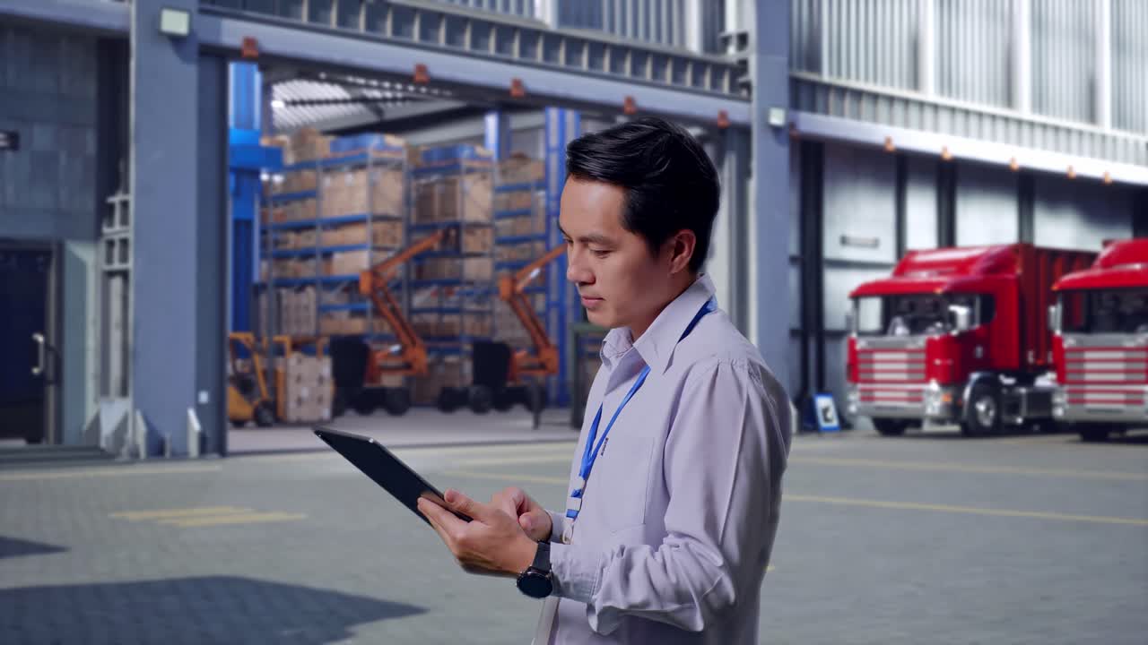 Side View Of An Asian Male Professional Worker Standing With His Tablet, Outside of Logistics Distributions Warehouse, Checking On His Tablet With Meditation