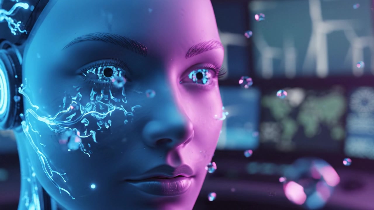 Um humanoide digital futurista com circuitos luminosos e bolhas, exibindo avanços em tecnologia e inteligência artificial em um ambiente de alta tecnologia