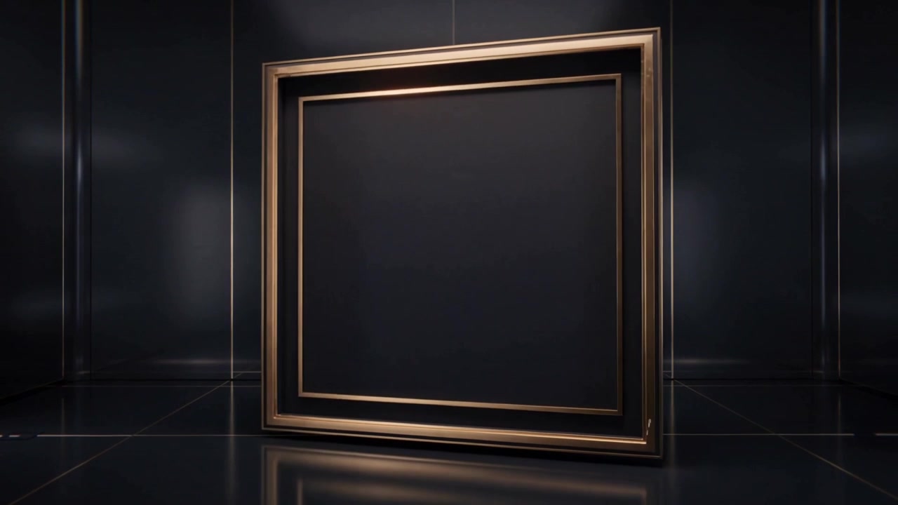 Pouring molten gold forming rotating square gold frame in dark chamber, presenting finished piece