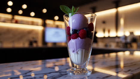 purple berry ice cream parfait in a glass