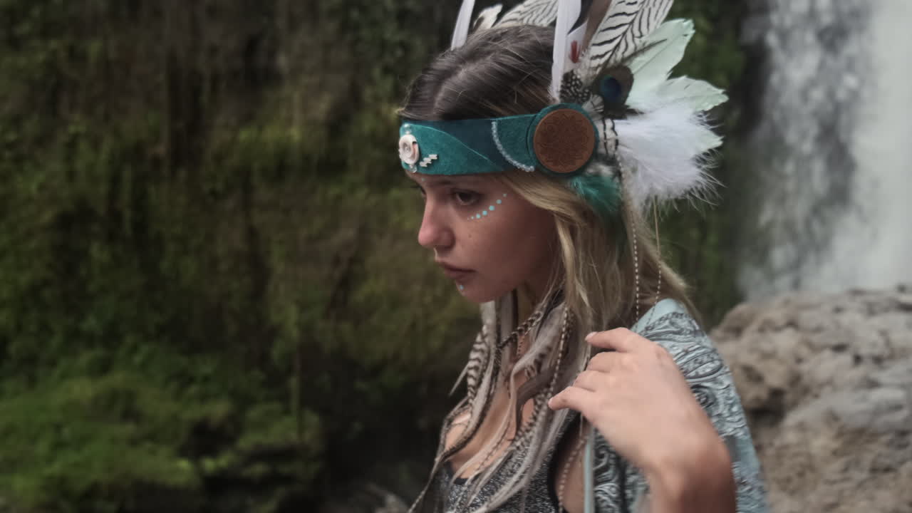 Woman in Feather Headdress by Waterfall