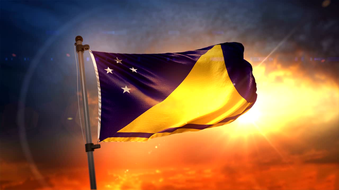 Bandiera di Tokelau retroilluminata all'alba splendida, loop in slow motion 4K.