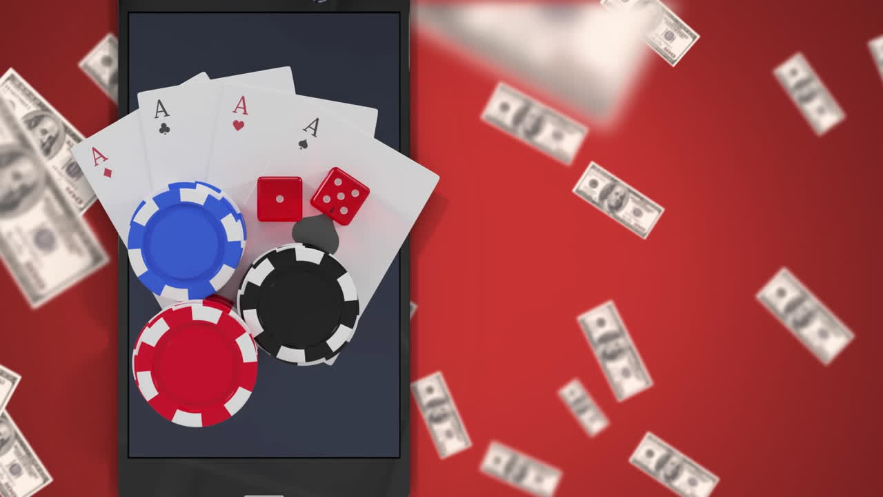 billetes de dólar estadounidense flotando sobre cuatro cartas de as y fichas de casino en el teléfono inteligente sobre fondo rojo
