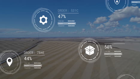 animation of data processing with icons over desert landscape