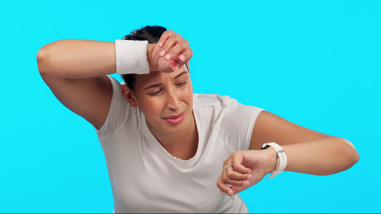 Fitness, tired and a woman with a watch for time