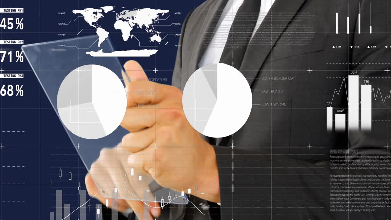 미래의 태블릿을 사용하는 사업가 중간 섹션에 대한 통계 데이터 처리의 애니메이션