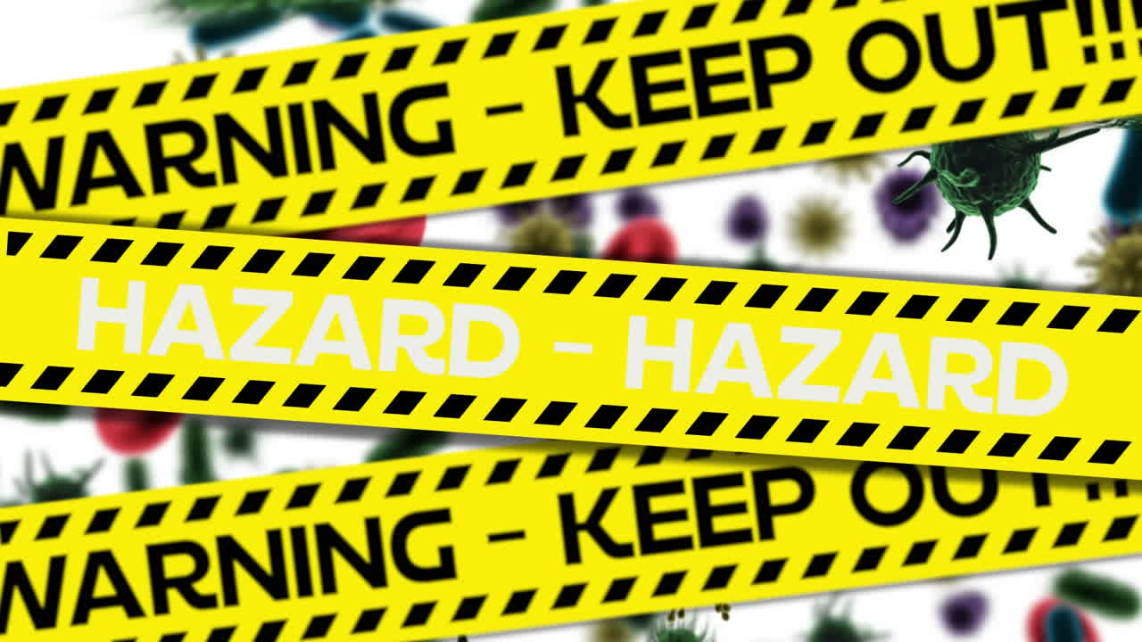 Yellow police tapes with Warning and Hazard text against Covid-19 cells moving