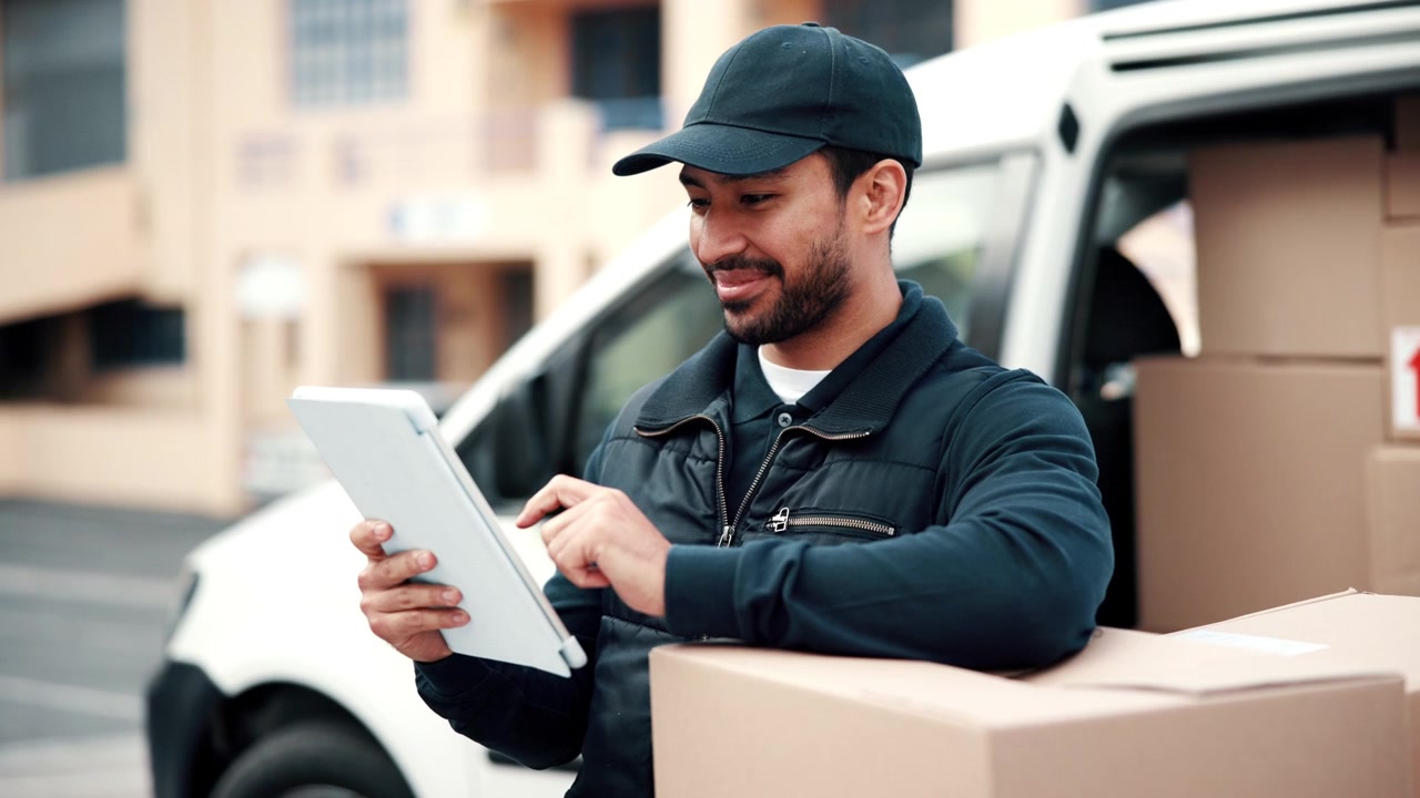 Delivery Driver Using Digital Tablet to Check Packages